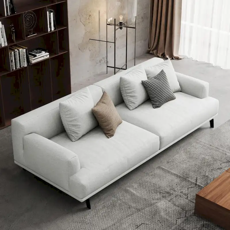 Square Arm Fabric Straight Sofa in Beige