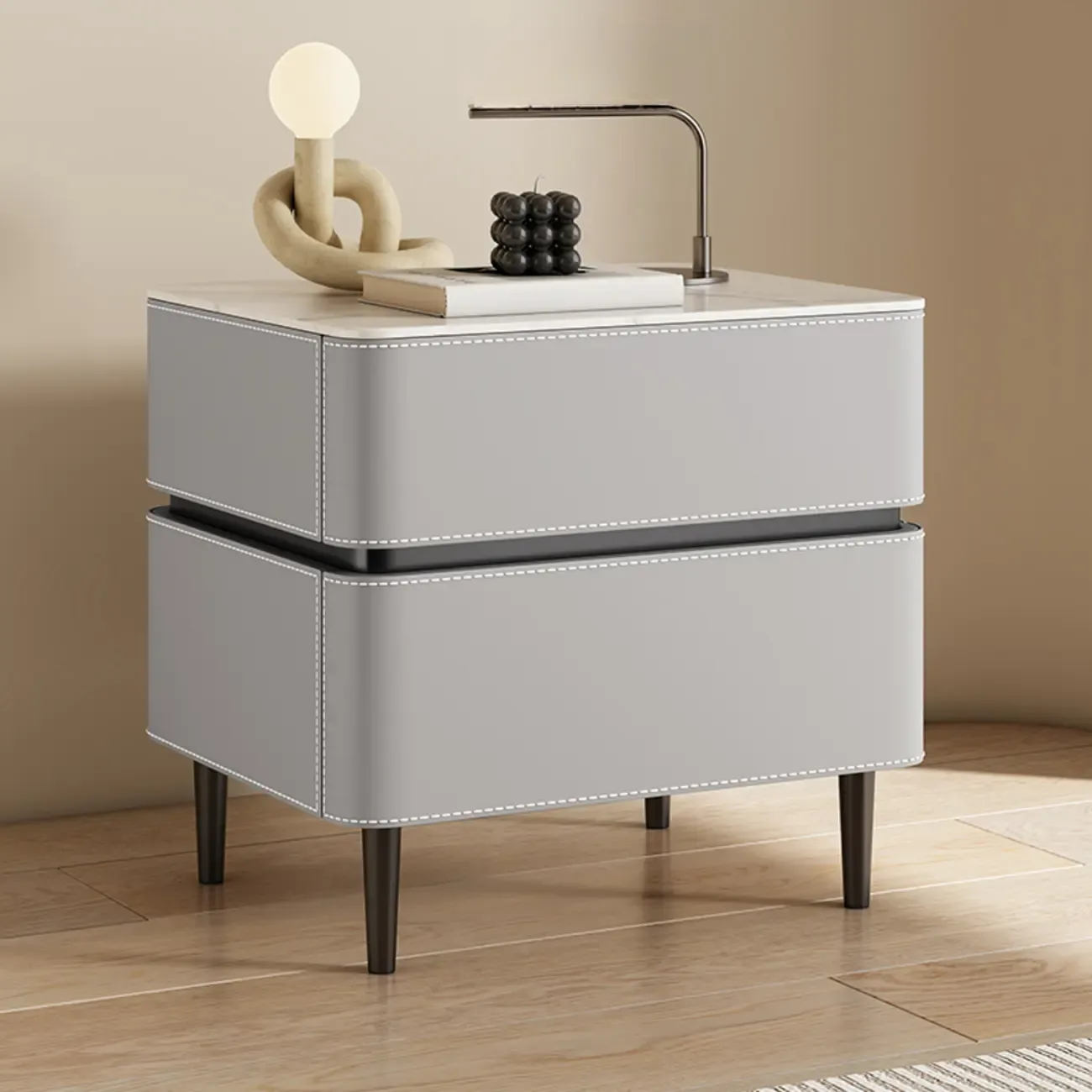 Modern Faux Marble Top Leather Rounded 2-Drawer Nightstand