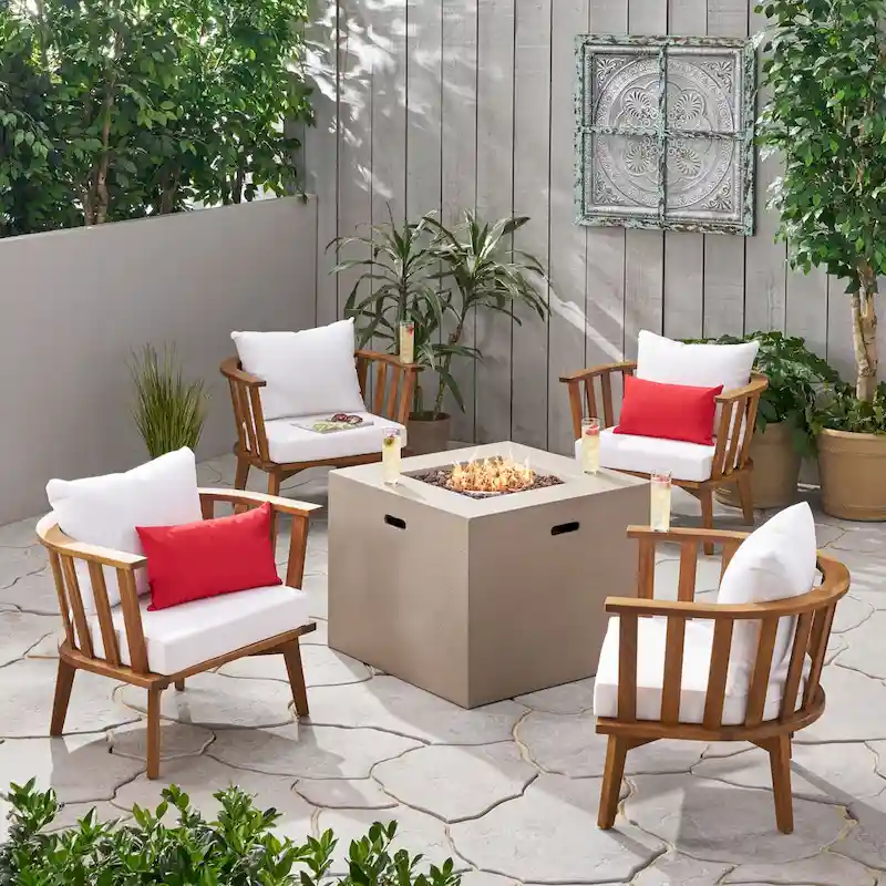 Ridgeview Outdoor 4 Seater Acacia Wood Club Chairs and Fire Pit Set by Christopher Knight Home