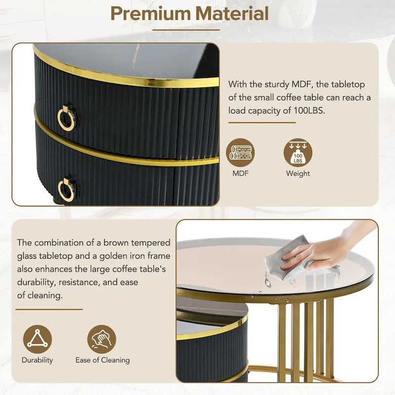 Stackable Round Coffee Table with 2 Drawers, Nesting Tables with Brown Tempered Glass and High Gloss Marble Tabletop, Set of 2