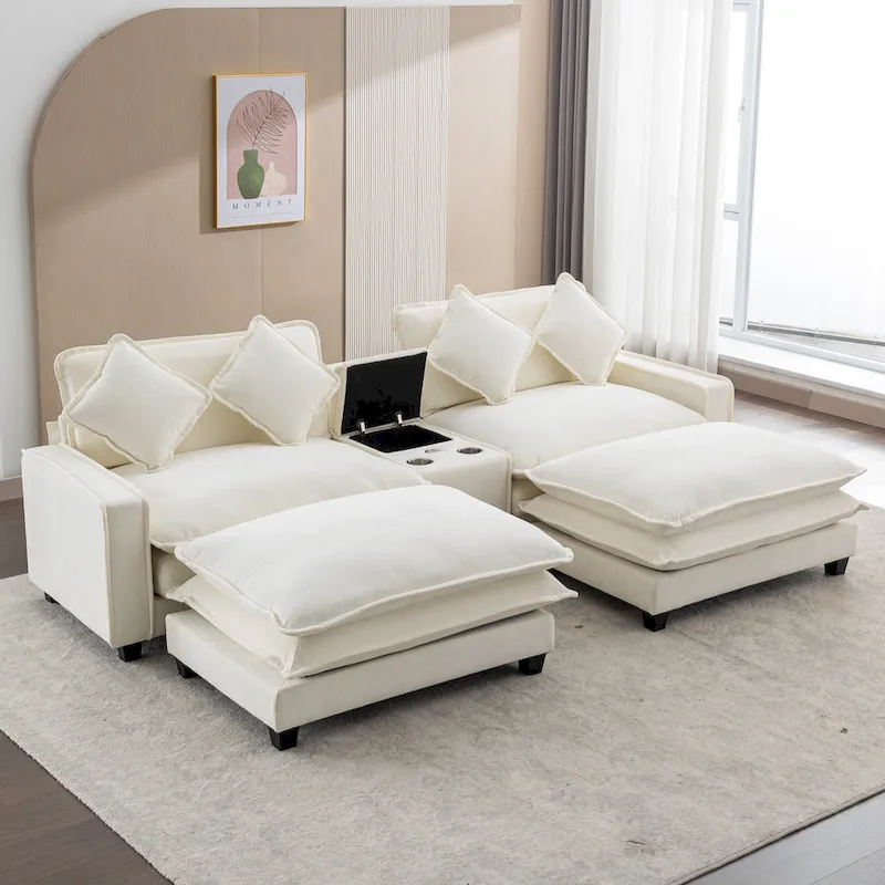 112.6 Sectional Sofa Chenille Upholstered Sofa with Two Removable Ottoman, Two USB Ports, Two Cup Holders and Large Storage Box