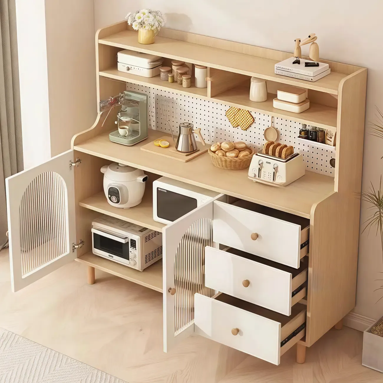 Kitchen Natural Wood Open Shelving 3-Drawer Sideboard