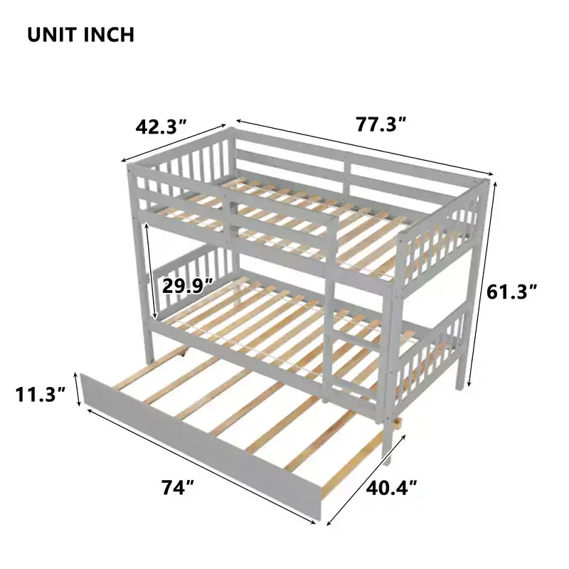 MAYEERTY Twin Rubber Wood Bunk Bed with Trundle Twin Bunk Bed with Ladder and Safety Guardrails Gray