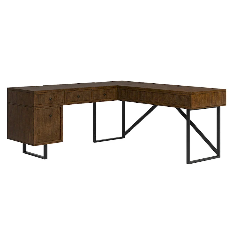 Alfons Industrial L-shaped Lift Top Cane Executive Office Desk with Drawers and Built-In Outlets