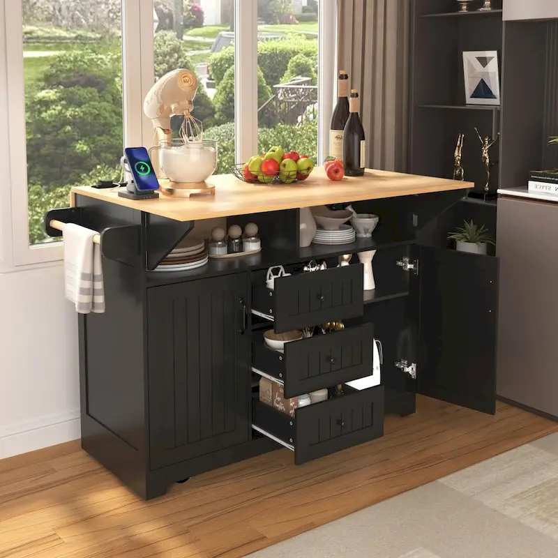 55.7 Kitchen Island with Drop Leaves, Rolling Cart with Power Outlet, Spice Rack, and 3 Drawers