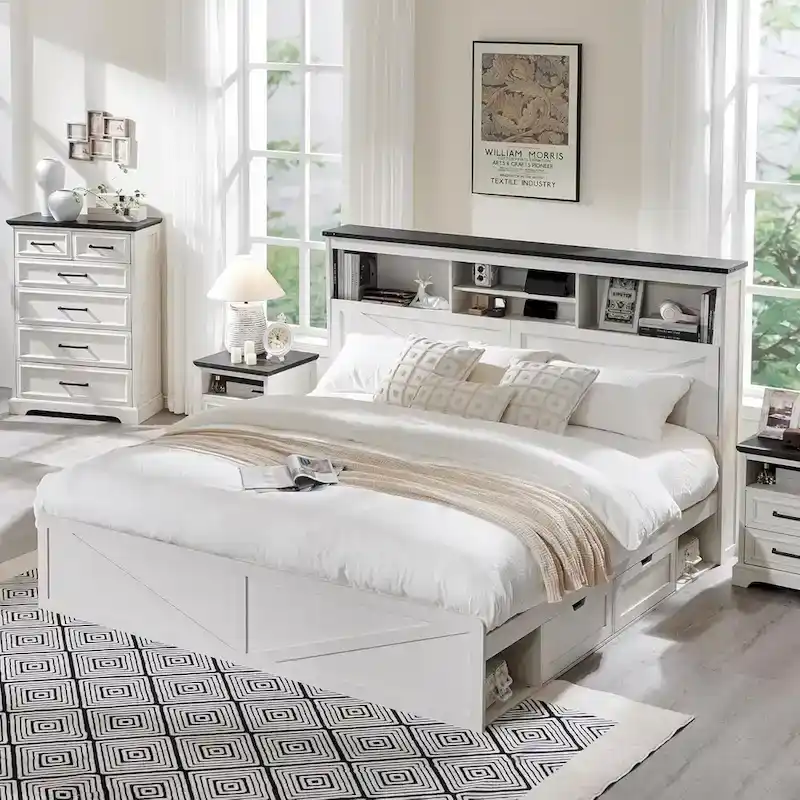 Farmhouse King Size Wood Bed Frame with Storage Headboard and Drawers