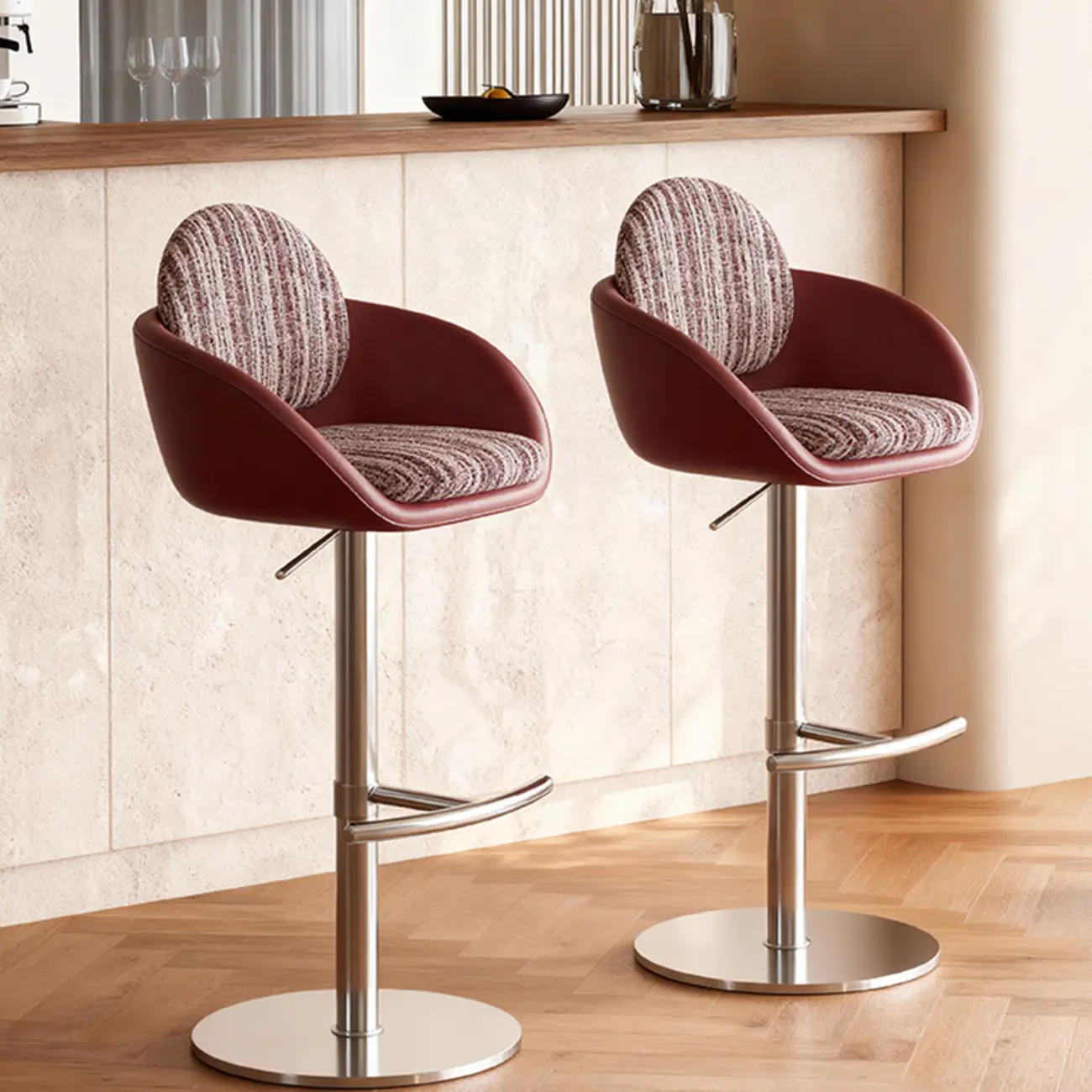 Modern Swivel Fabric Upholstered Bar Stools Stainless Steel