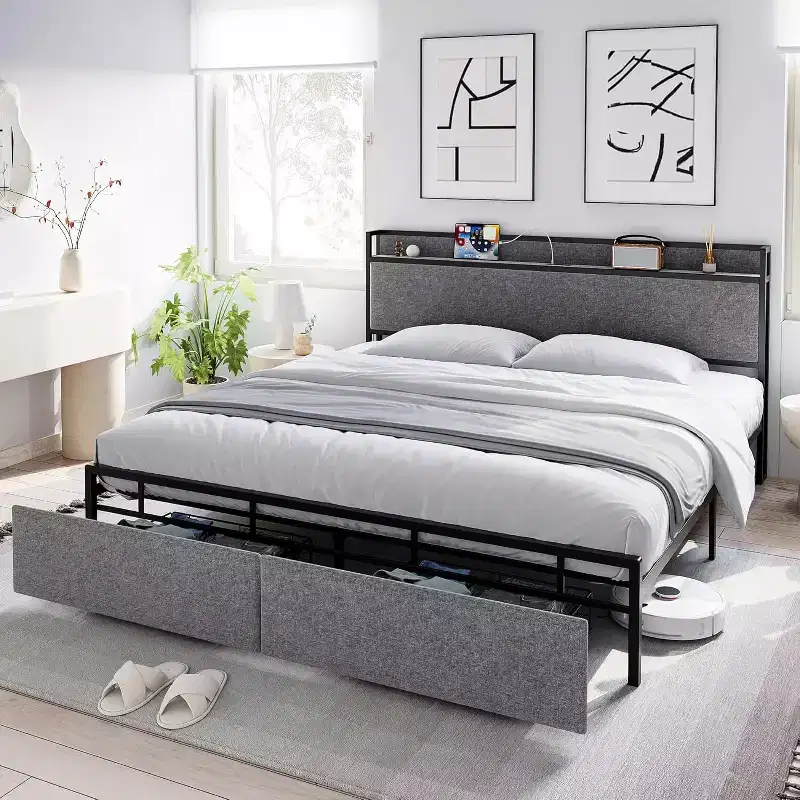 King Size Bed Frame with 2 Storage Drawers and USB Ports, Modern Platform Bed with Upholstered Shelf Headboard, Sturdy, Noise Free, Gray