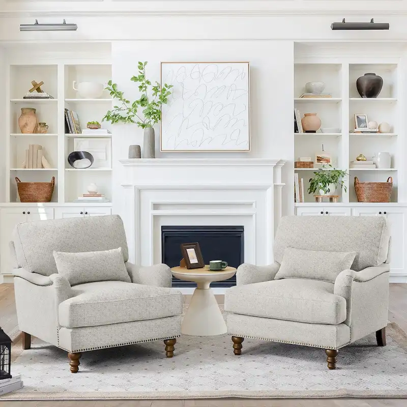 Modern Arm Accent Chair Upholstered Solid Wood Frame Accent Chairs with Lumbar Pillow for Living Room