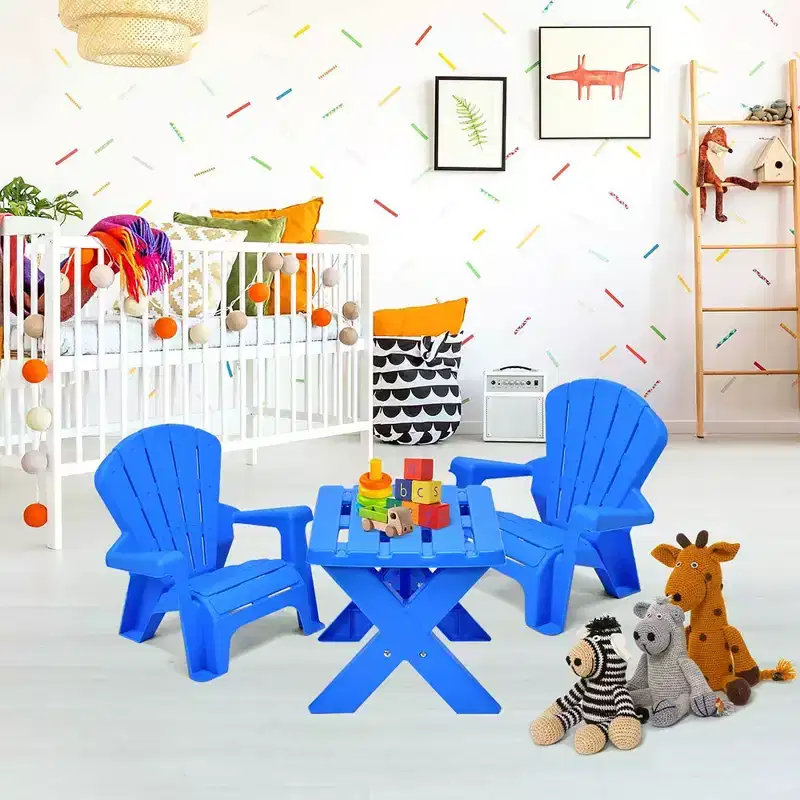 Plastic Children Kids Table & Chair 3-Piece Play Furniture In/Outdoor Blue