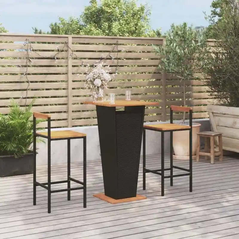 vidaXL 3 Piece Patio Bar Set Black Poly Rattan&Solid Wood Acacia - 15.7 x 17.3 x 39.4