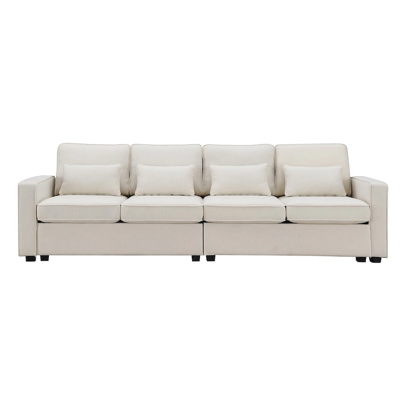 4-Seater Modern Linen Fabric Sofa with Armrest Pockets and 4 Pillows