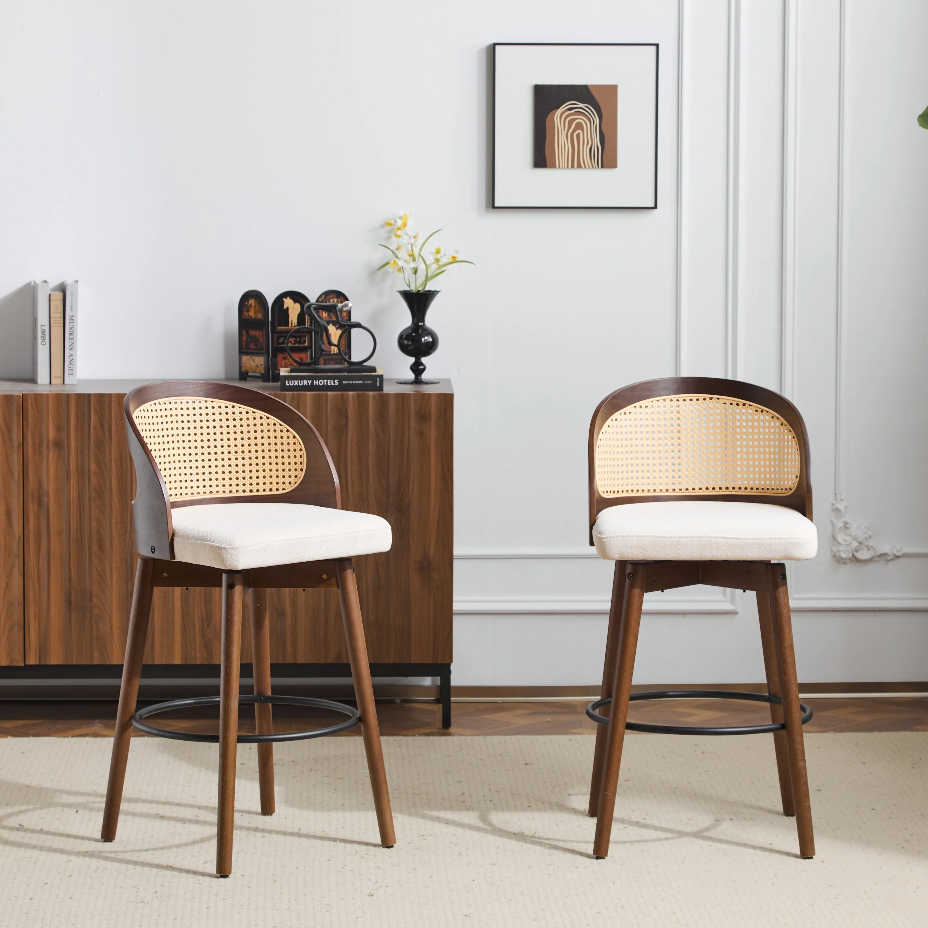 Indoor Wood Barstool, Walnut Finished with upholstery, Set of 2