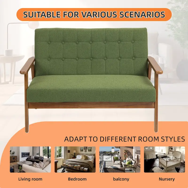 Mid-Century Linen/PU Upholstered Wood Frame Tufted Loveseat Sofa