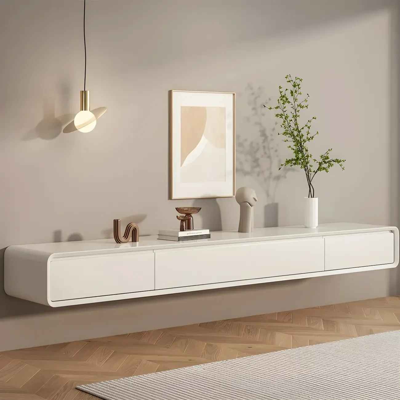 Rectangular Wall-Mounted Wood Drawers TV Stand White