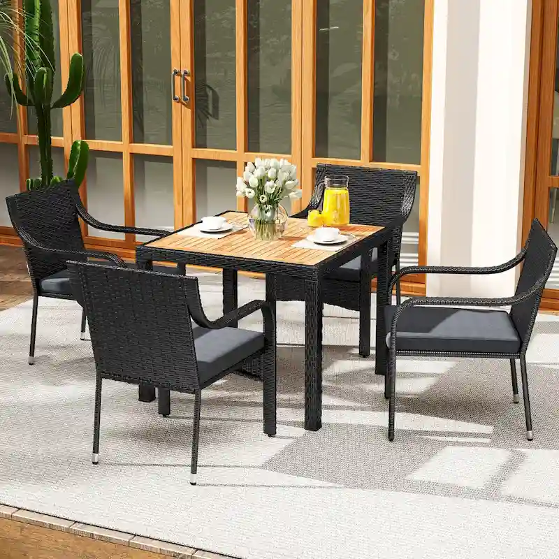 Moasis 5 PCS Outdoor Patio Dining Set Rattan Conversation Furniture Set Wooden Tabletop - 5 PCS