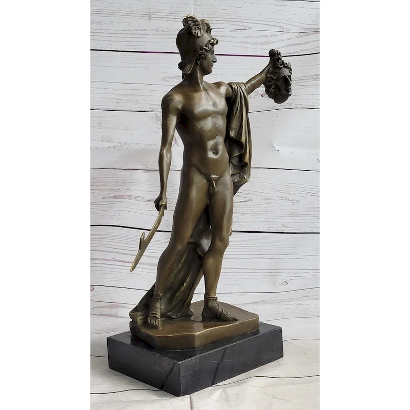 Greek Hero Perseus Holding The Head Of Medusa Bronze Sculpture Statue On Marble Base 15 Inches X 12 Inches