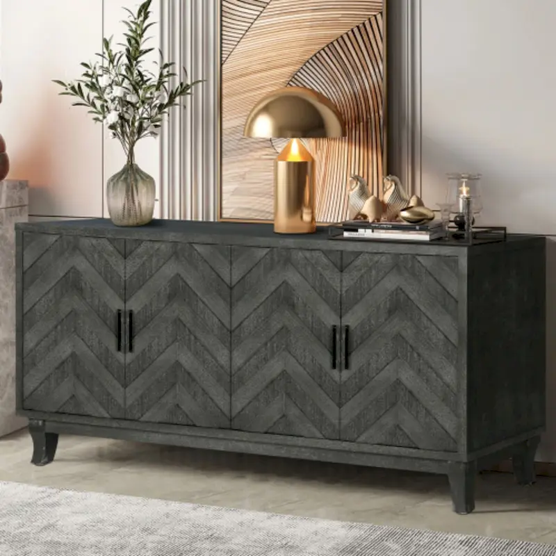 Black Wood 4-Door Storage Sideboard Cabinet