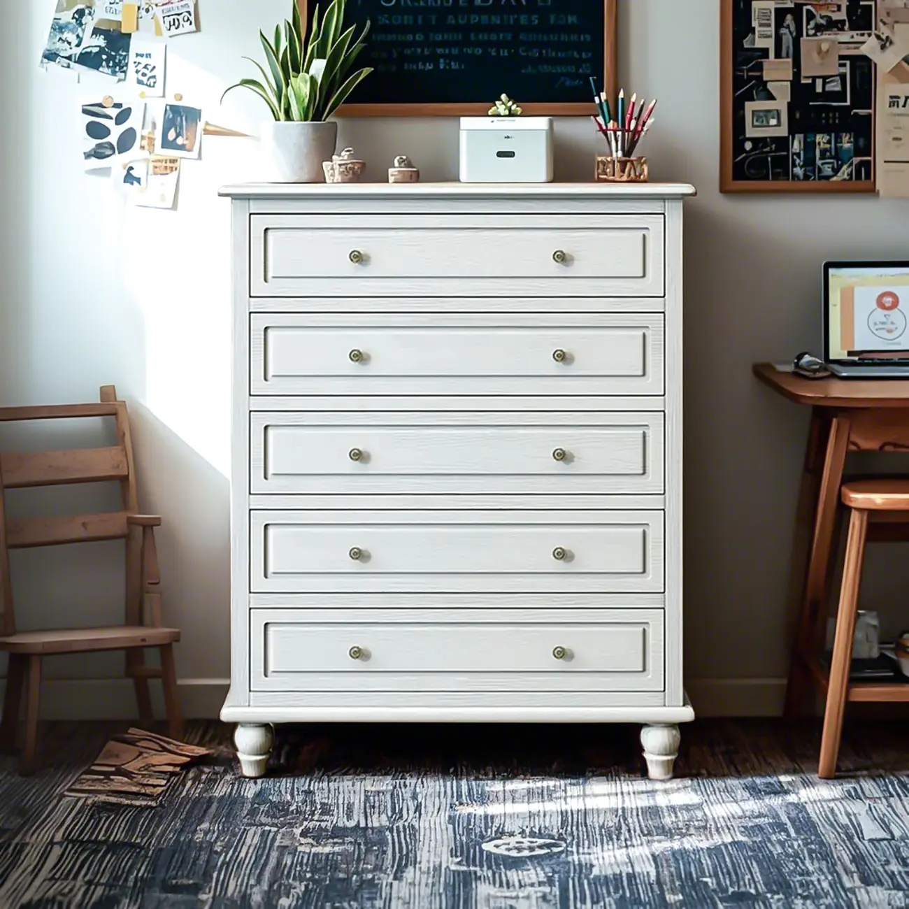 American Country Lacquered Finish Ash Wood 5-Drawer Chest