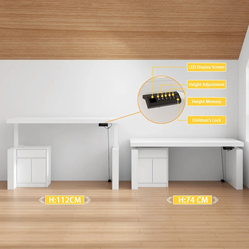 Ergonomic Sit-Stand Desk Pure White Elegance with Side Cabinet Table