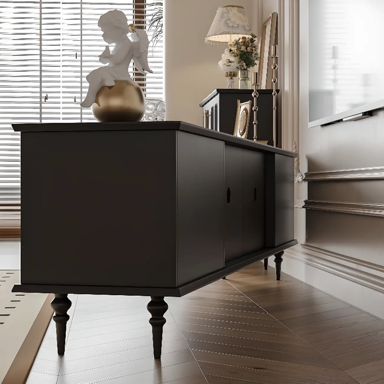 Wooden French Country TV Stand with Black Finish