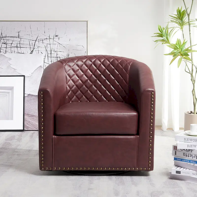 KINWELL 29 Wide Tufted PU Leather Swivel Barrel Chair