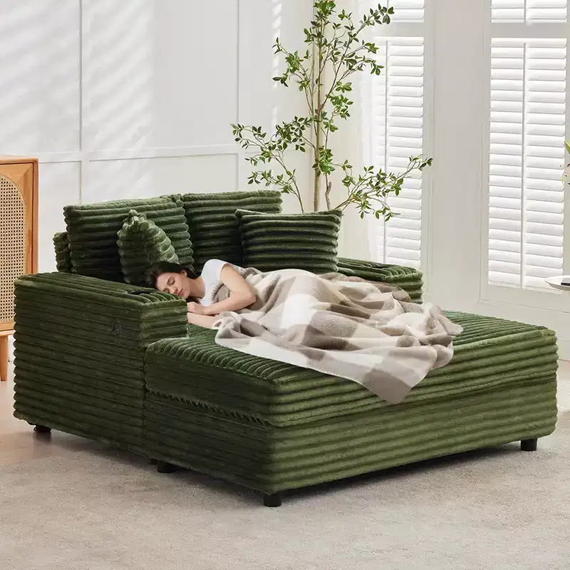 Green Corduroy Oversized Chaise Lounge Chair for 2, Sleeper Sofa with Pillows & Cup Holder