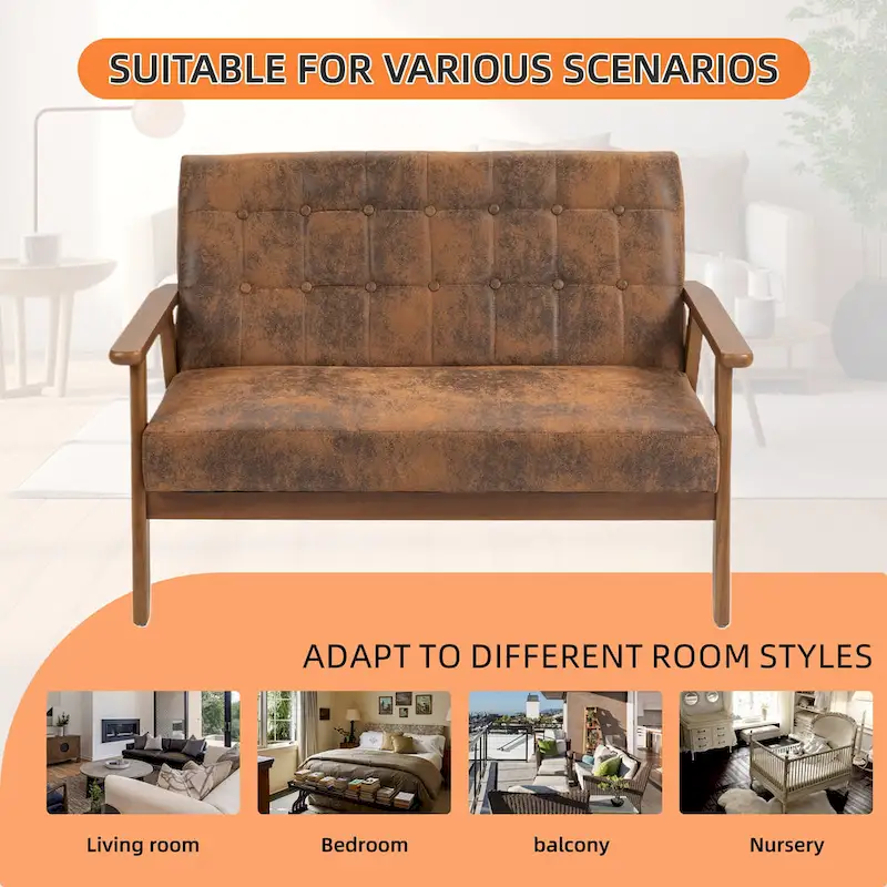 Mid-Century Linen/PU Upholstered Wood Frame Tufted Loveseat Sofa