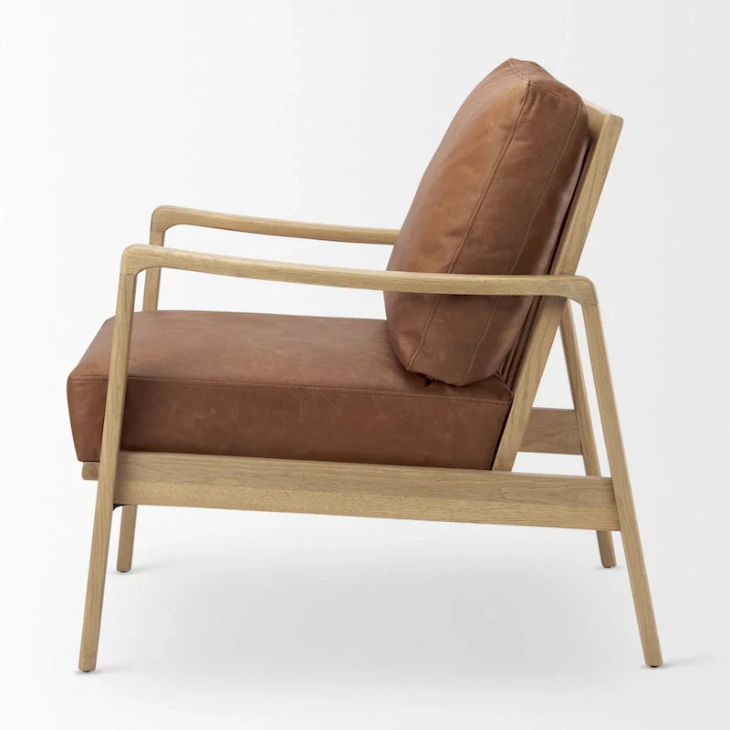 Brown Genuine Leather w/ Light Brown Solid Beechwood Frame Accent Chair - 27.9W x 34D x 34.4H