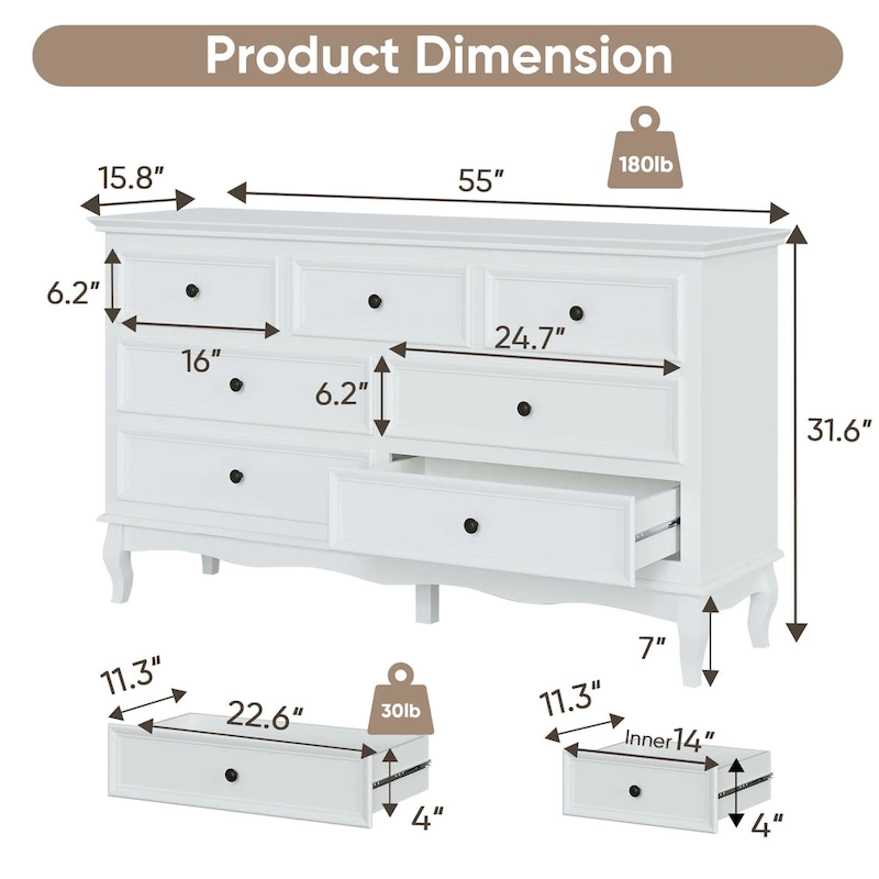 7 - Drawer Dresser with Solid Wood Legs and Painted Finish