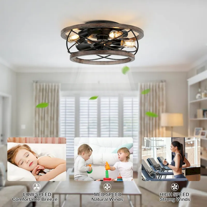 CurveCurio 18  Drum Farmhouse Wood Ceiling Fan, Wood Fan Light with Metal Accents, 4 Light 3 Fan Speed w Remote Control