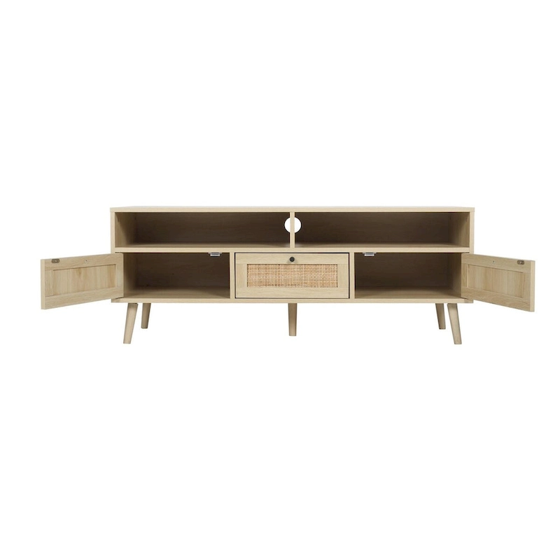 Modern Rattan TV Stand with Solid Wood Feet