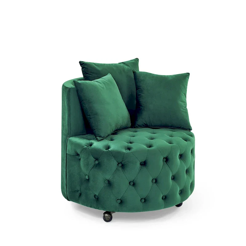 Living Room Velvet Swivel Chair with Button Tufted Design, 3 Pillows & Movable Wheels