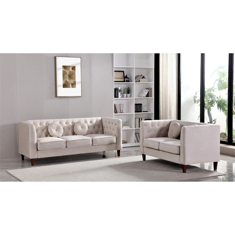 US PRIDE FURNITURE Velvet Classic Chesterfield 2 pieces Living Room Sets, Sofa and Lovesat