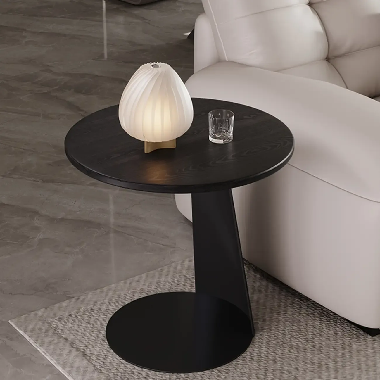 Black Minimalist Round Wood Steel C Shaped Side Table