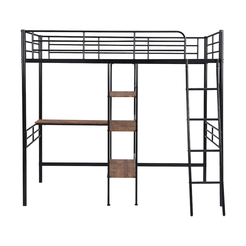 Twin Metal Loft Bed with Desk & Shelves