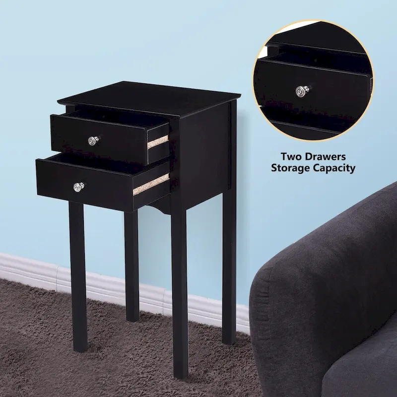 Side Table End Accent Table with 2 Drawers-Black - 16.0 x 13.0 x 30.0 (L x W x H)