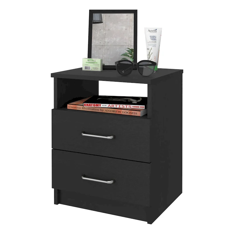 2-Drawer Nightstand with Open Shelf – Black / Dark Brown / Light Oak / White / Light Gray