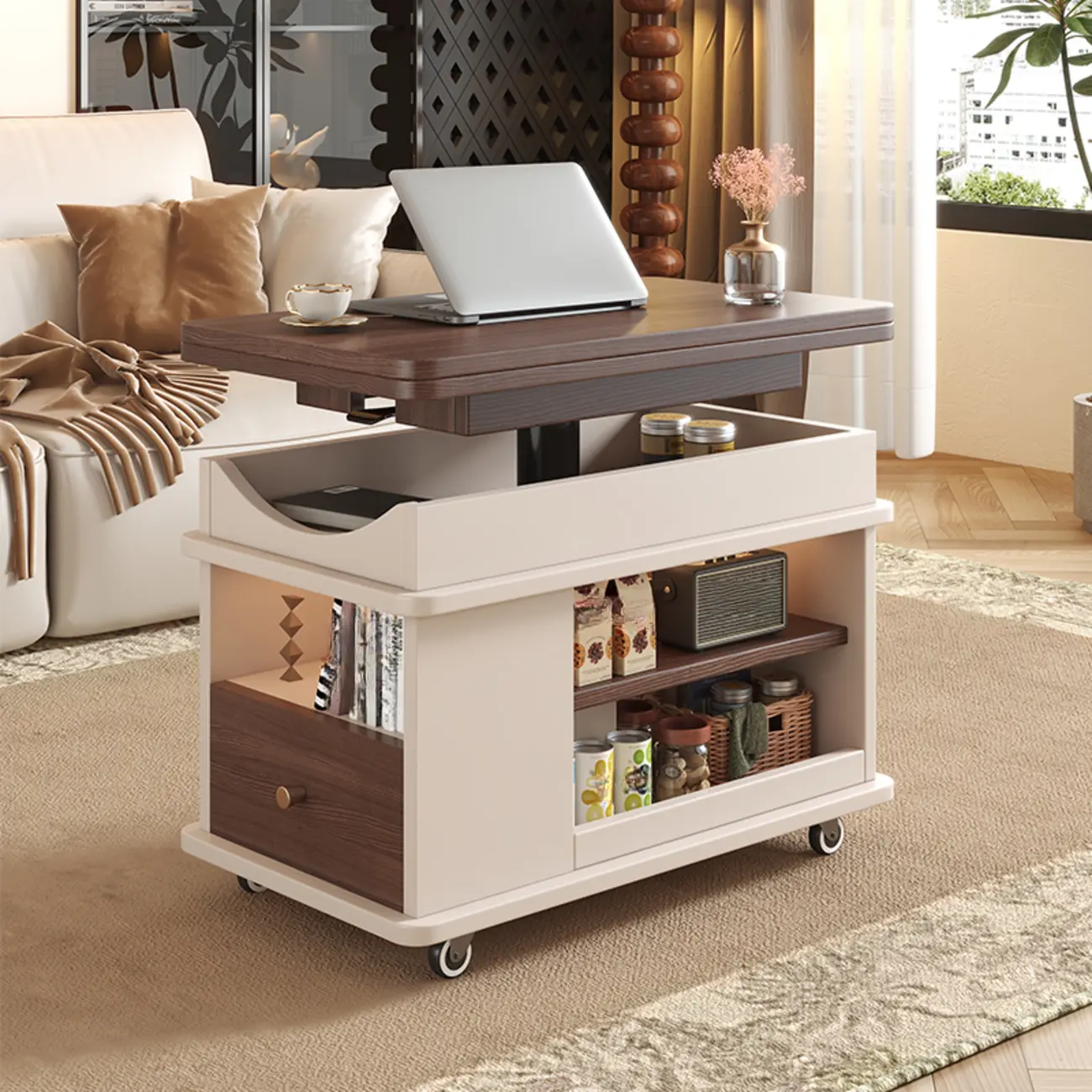 Rectangle Foldable Lift Top Wood Metal Side Table with Wheels