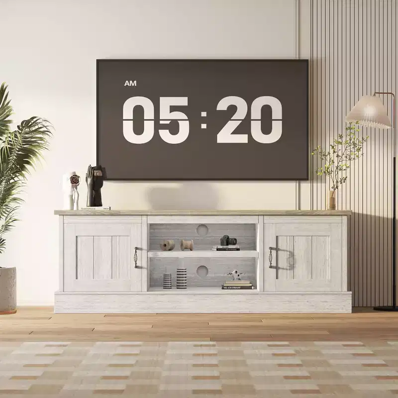 Farmhouse TV Stand for 65 Inch TVs, Media Console, Living Room or Office Entertainment Center with 2 Storage Cabinets and Open Shelves