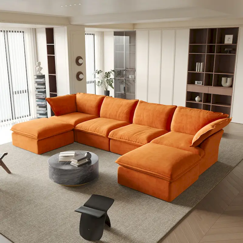 6 Piece U-shaped Velvet Upholstery Modular Sectional Sofa with 2 Ottoman