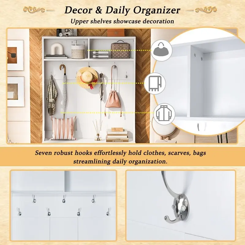 Wide Hall Tree with 10 Shoe Cubbies & 7 Coat Hooks, 43 W Coat Rack with Entryway Bench, 3-in-1 Design and Adjustable Shelves