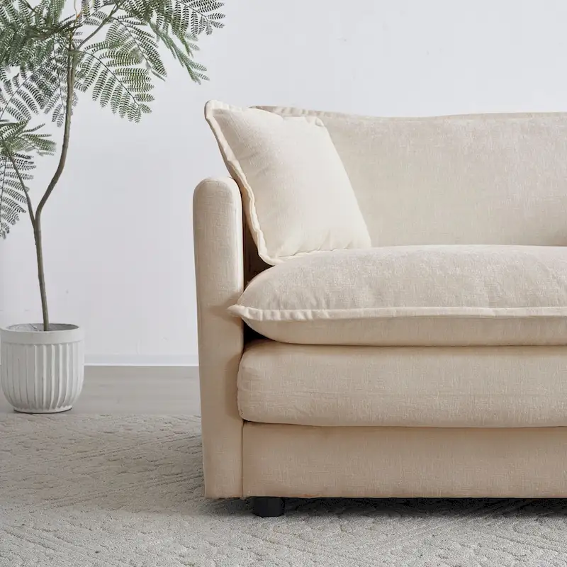Beige Chenille Single Sofa with Ottoman and Double Cushion Seat