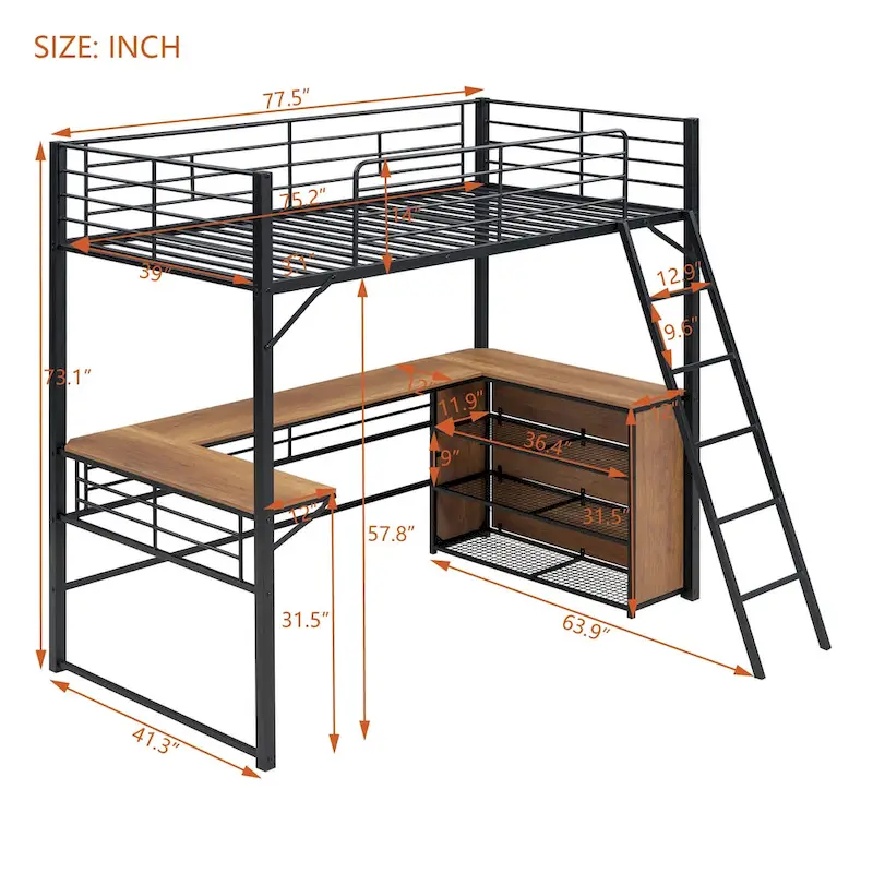 Twin Size Metal Loft Bed with 3 Layers of Shelves and L-shaped Desk