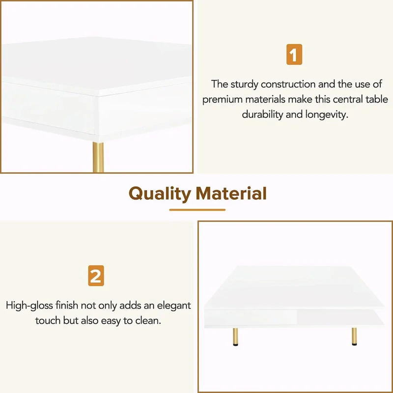 High Gloss Coffee Table: 4 Golden Legs, 2 Drawers, 2-Tier Square Design