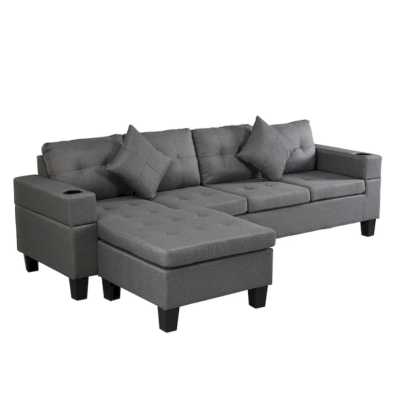Modern Sectional Sofa Set with Cup Holders and Plush Cushions