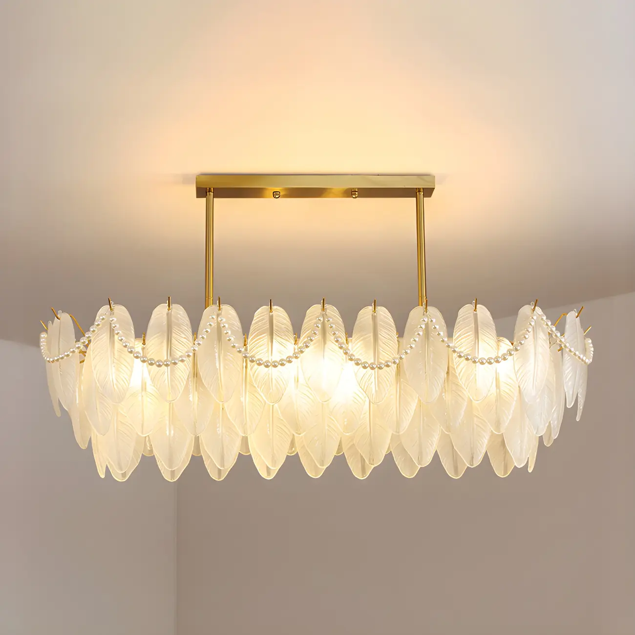 Adjustable Modern Glass Feather Island Chandelier in Gold