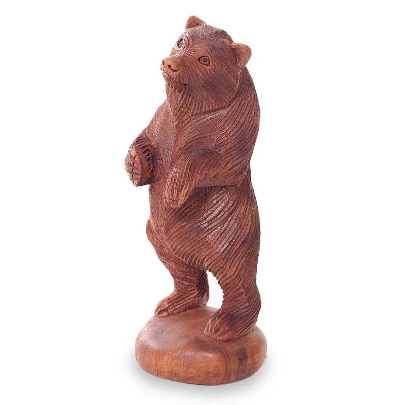 Handcrafted Suar Wood 'Inquisitive Brown Bear' Statuette (Indonesia) - 7.75  H x 3  W x 3  D