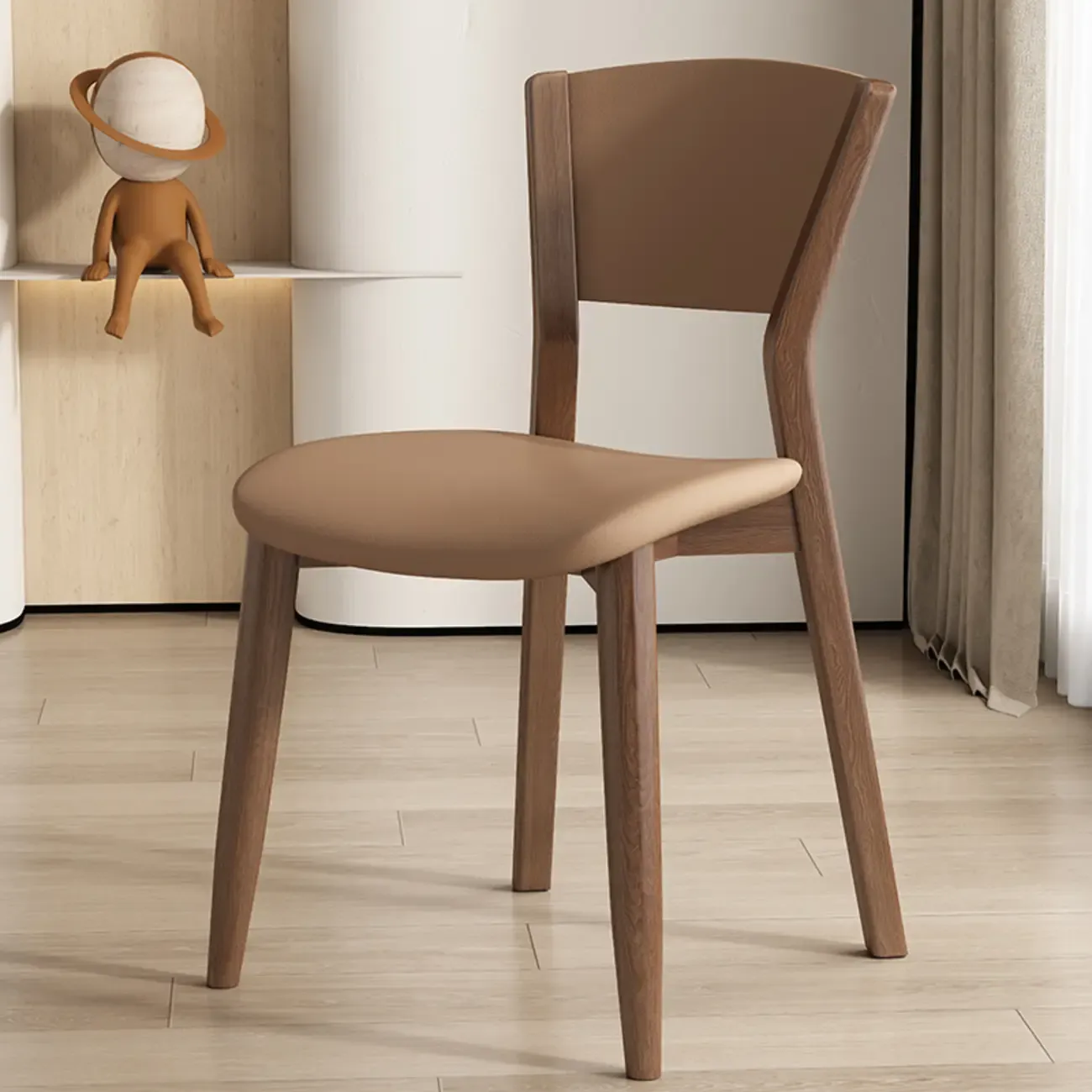 Simple Wooden Open Back Faux Leather Upholstered Dining Chair