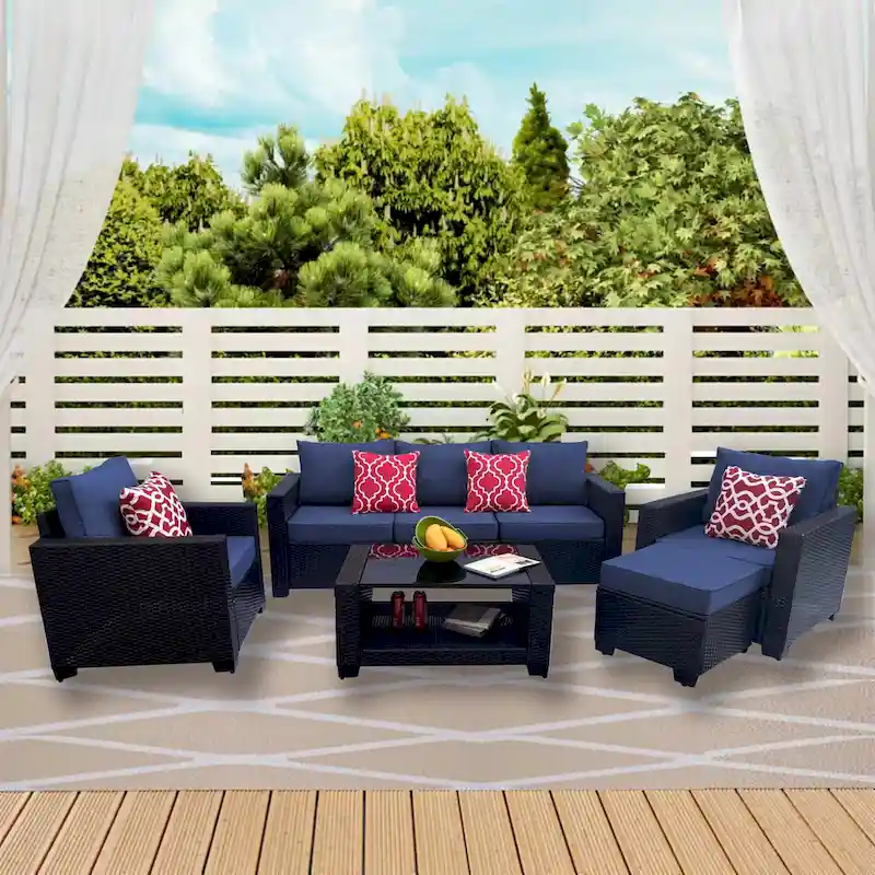 7-Piece PE Rattan Wicker Cushioned Sofa Set